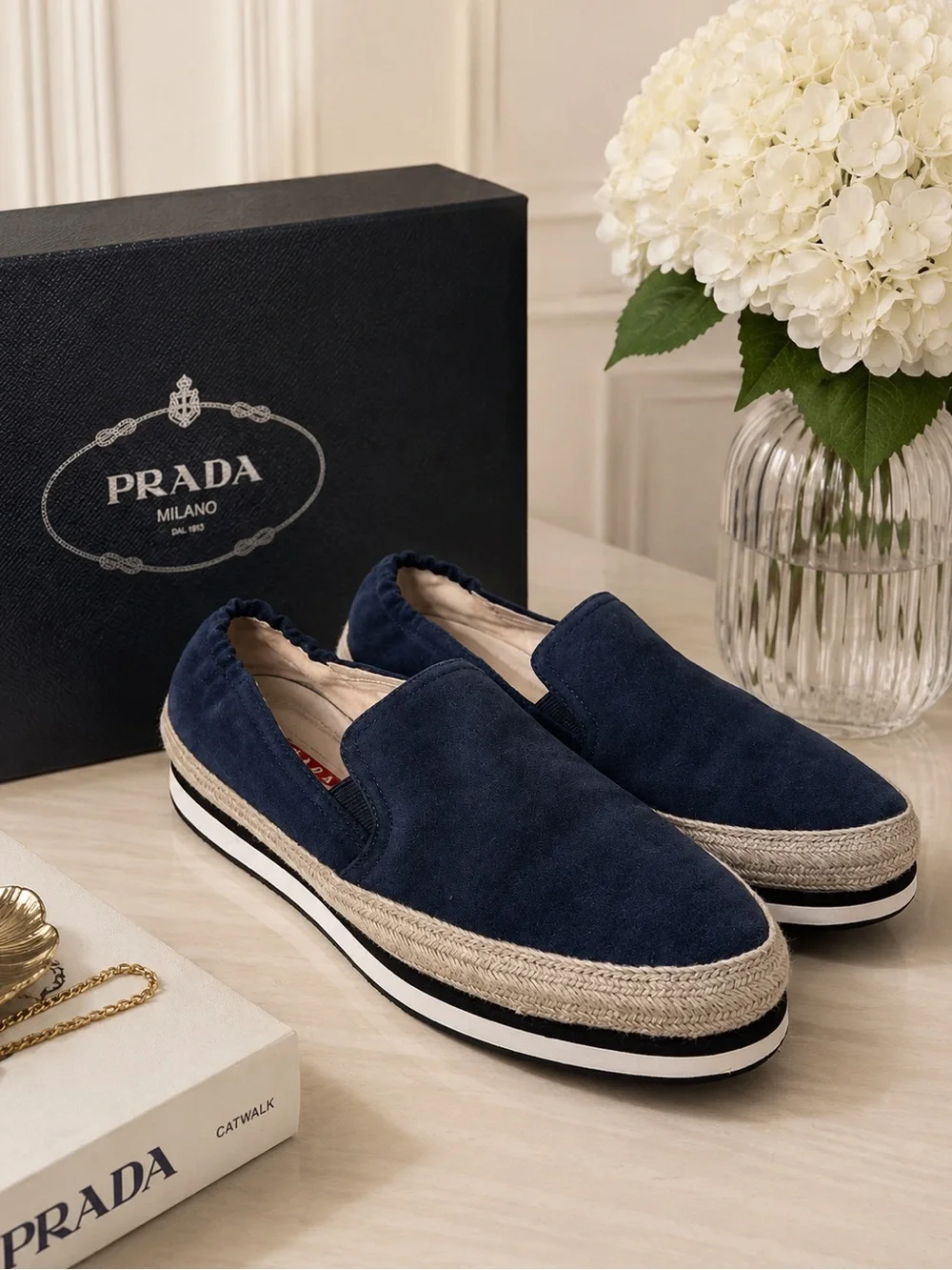 PRADA Navy Blue Suede Espadrille Platform Slip on Sneakers IT 37 US 7